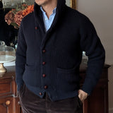 The Wardrobe Sweater Navy Blue Shawl Collar, Cardigan, 4-ply pure cashmere