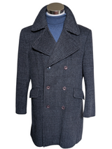 Vintage Canda Long Pea Coat M/40R Blue-Grey Plaid Wool Blend