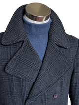 Vintage Canda Long Pea Coat M/40R Blue-Grey Plaid Wool Blend