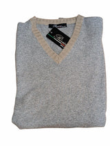 Riviera Sweater XL Grey w/Beige V-neck wool/cashmere/silk