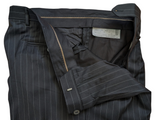 Luigi Bianchi Lubiam Trousers 33 Black Striped Pleated front Full Fit Wool