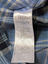Zegna Shirt L Blue Plaid Cotton Linen-like Blend