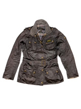 Barbour Ladies International Belted Waxed Jacket M/6 US Charcoal Brown Cotton