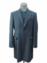 Abraham Moon Coat M Peak Lapel Half belt Grey/Navy Plaid 2-button pure wool