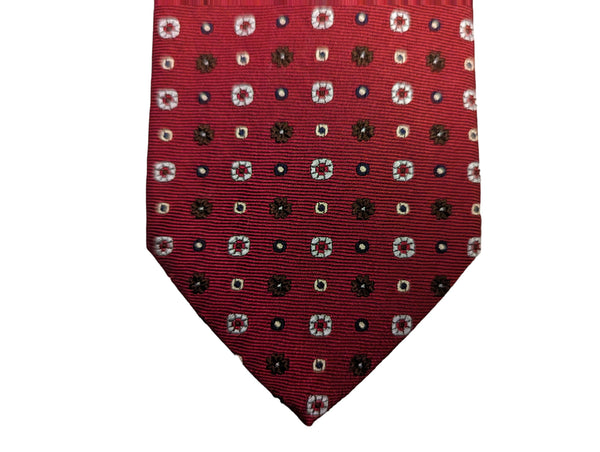 Benjamin Tie Red with Olive/White Geometric Pattern silk