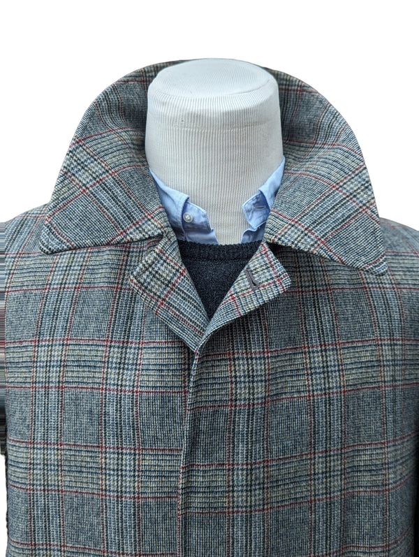 Vintage Dunn & Co. Balmacaan Coat L/42 Grey with Burgundy Plaid 3-button pure wool