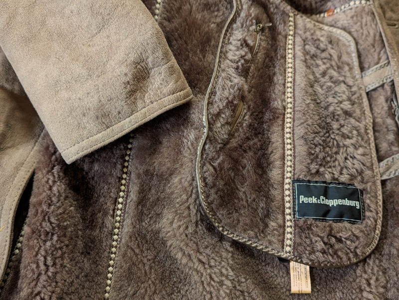 Vintage Peek & Cloppenberg Leather Lamb Shearling Coat L/42 Light Brown Double Breasted