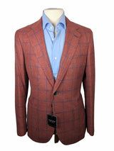 Benjamin Sport Coat Brick Red-Orange w/ Blue Windowpane 2-button Soft Shoulder Silk/Wool Di Pray