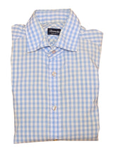 Drumohr Shirt M 15.75 White/Sky Blue Check Pure Cotton