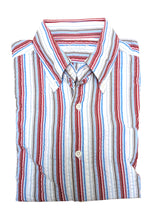 Carrel Shirt M 15.75 Red/White/Sky/Brown Striped Seersucker Cotton