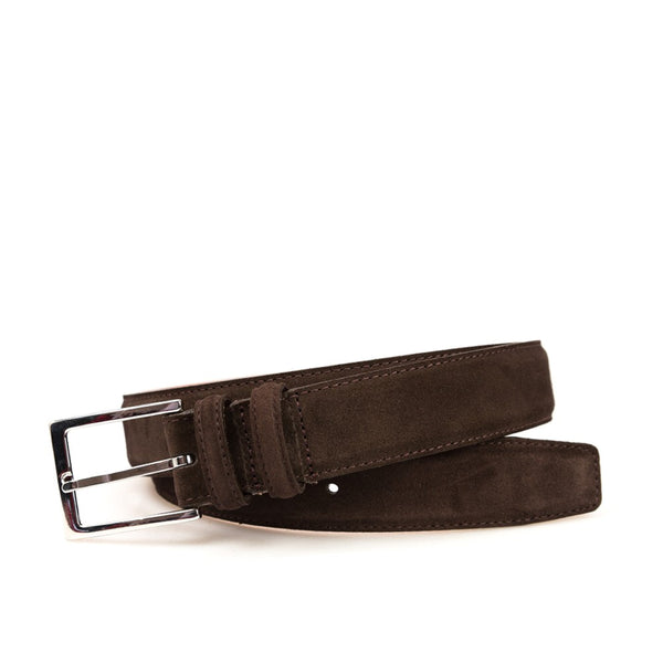 Carmina Suede belt, dark brown marron suede, nickel buckle