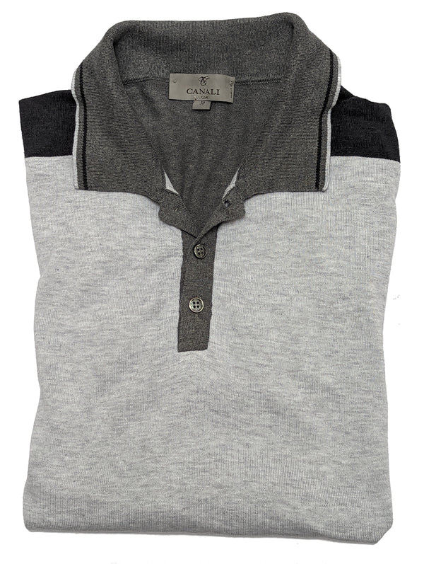 Canali Knit Polo Shirt M Grey Color Block Cotton