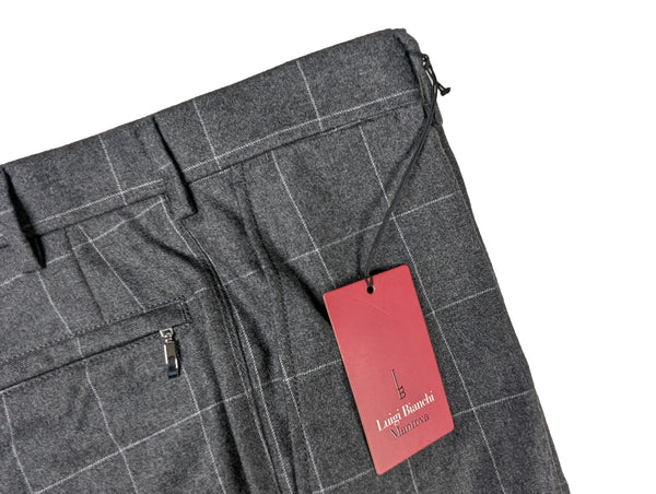 Luigi Bianchi Trousers 32 Mid Grey Windowpane Flat front Tailored fit Wool