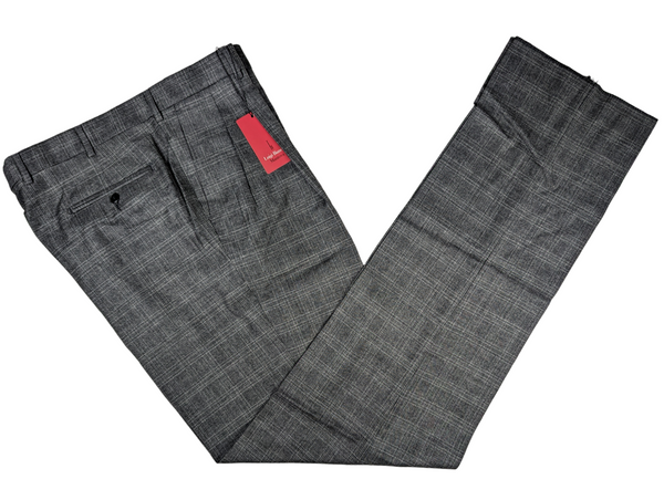 Luigi Bianchi Trousers 38, Grey Plaid Pleated front Relaxed fit Wool/Cashmere