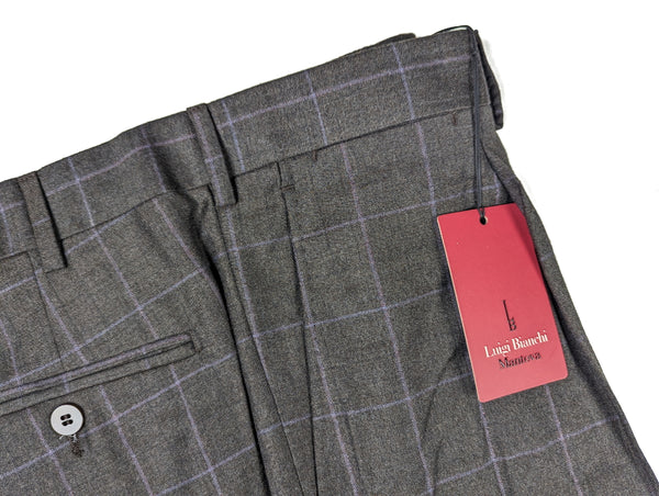 Luigi Bianchi Trousers 34, Grey windowpane Flat front Relaxed fit Wool/Cashmere