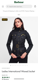 Barbour Ladies International Belted Waxed Jacket M/6 US Black Cotton