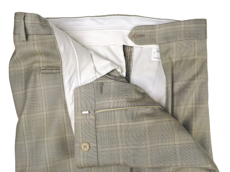 Luigi Bianchi Suit 42R Light Taupe Grey Windowpane Plaid 3-button 110's Wool