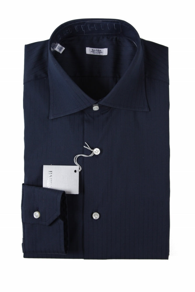 Barba Shirt: 16.5, Navy with tonal stripes, spread collar, cotton/poliamid/elastane