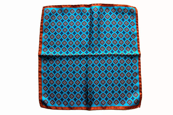 Battisti Pocket Square Turquoise with brown/navy geometric pattern pure silk