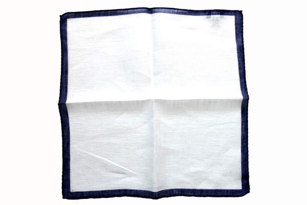 Battisti Pocket Square White with navy border pure linen