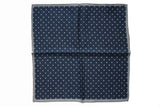 Battisti Pocket Square Navy with white polkadot & light grey trim, pure wool
