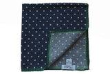 Battisti Pocket Square Navy with white polkadot & hunter green trim, pure wool