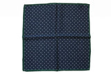 Battisti Pocket Square Navy with white polkadot & hunter green trim, pure wool