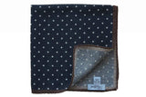 Battisti Pocket Square: Navy with white polkadot & brown trim, pure wool