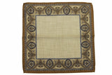 Battisti Pocket Square Light brown with mushroom/blue framed pattern, pure wool