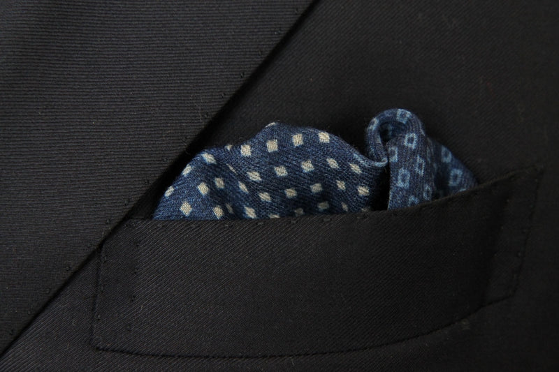 Battisti Pocket Square: Split blue & navy geometric pattern, pure wool