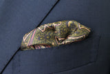Battisti Pocket Square: Brown w/olive, mauve, purple paisley, pure silk