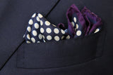 Battisti Pocket Square Plum with cream dot on navy pure silk