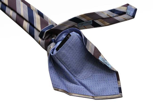 Battisti Tie Sale!: Brown with navy & gold stripes, hidden pocket, pure silk