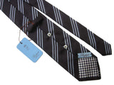 Battisti Tie Black with light blue stripes, 2-button & pocket, pure silk