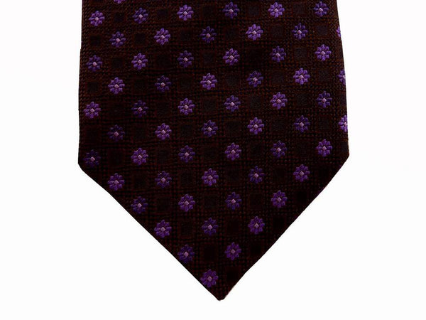 Battisti Tie: Dark charcoal brown with purple flowers, 1-button & pocket, pure silk