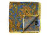 Battisti Pocket Square Cornflower blue paisley with yellow border, wool/silk