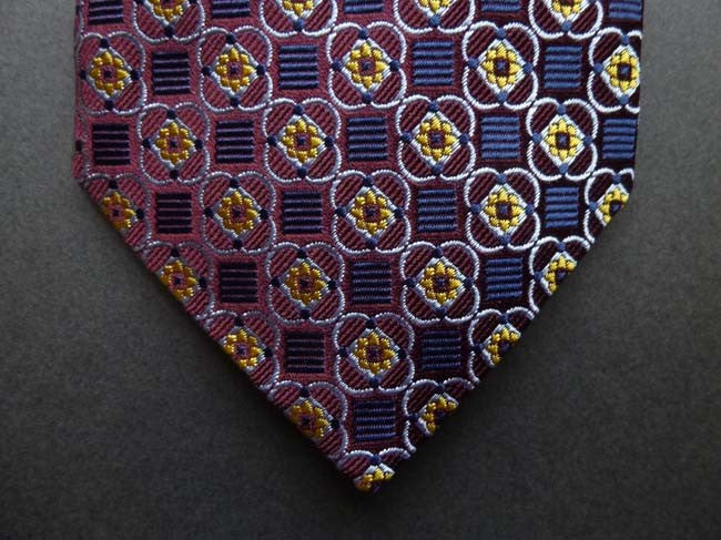 Battisti Tie: Burgundy with sky/navy pattern, pure silk