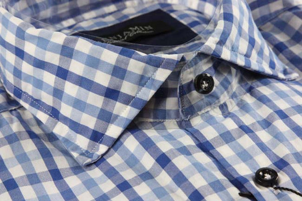 Benjamin Sport Shirt: White with royal & sky blue check, spread collar, pre-washed cotton