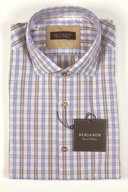 Benjamin Sport Shirt: Blue & Tan Plaid