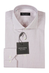 Benjamin Dress Shirt: White with rose & wine tattersall plaid, medium spread collar, pure cotton