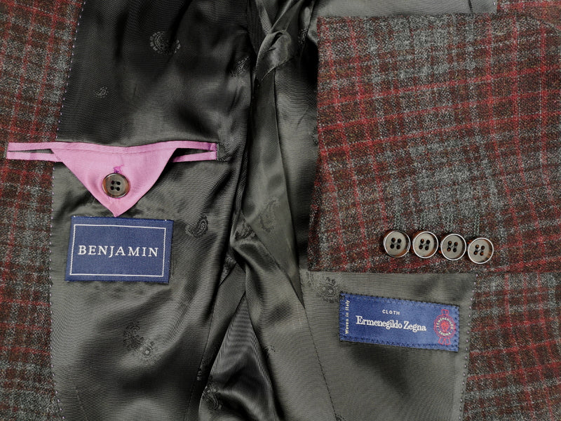 Benjamin x Zegna Cloth Sport Coat Burgundy/Charcoal Grey Plaid 2-button Slim Fit Wool/Alpaca/Cashmere