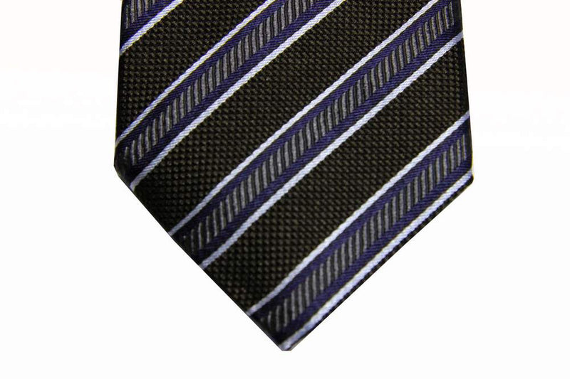 Benjamin Tie, Charcoal brown weave with blue/grey stripes,  silk