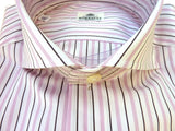 Borrelli Shirt: 15.75 White with pink/black stripes, wide spread collar, pure cotton