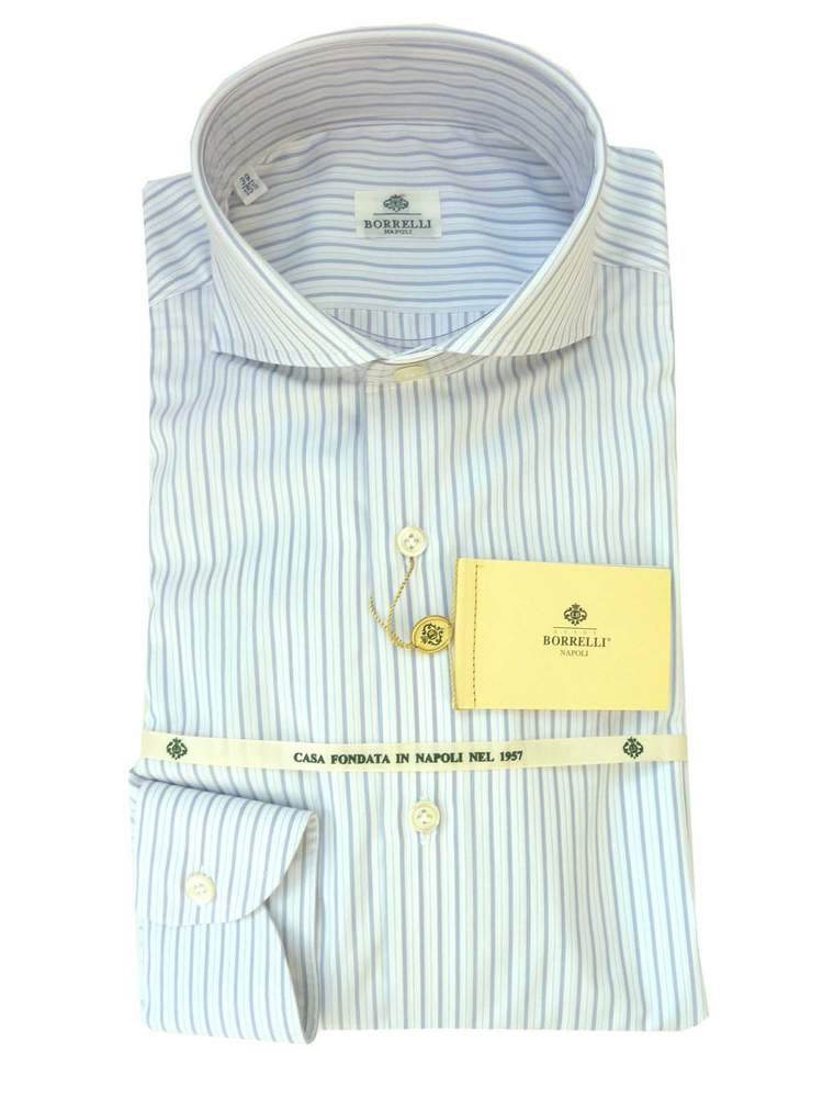 Borrelli Shirt: 16.5, White with pale blue/brown stripes, wide spread collar, pure cotton