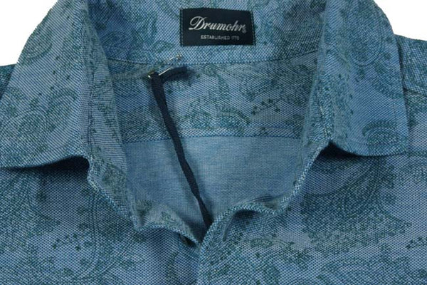 Drumohr Shirt: Small, Medium faded blue with green paisley pattern, long sleeve, polo collar, pure washed cotton