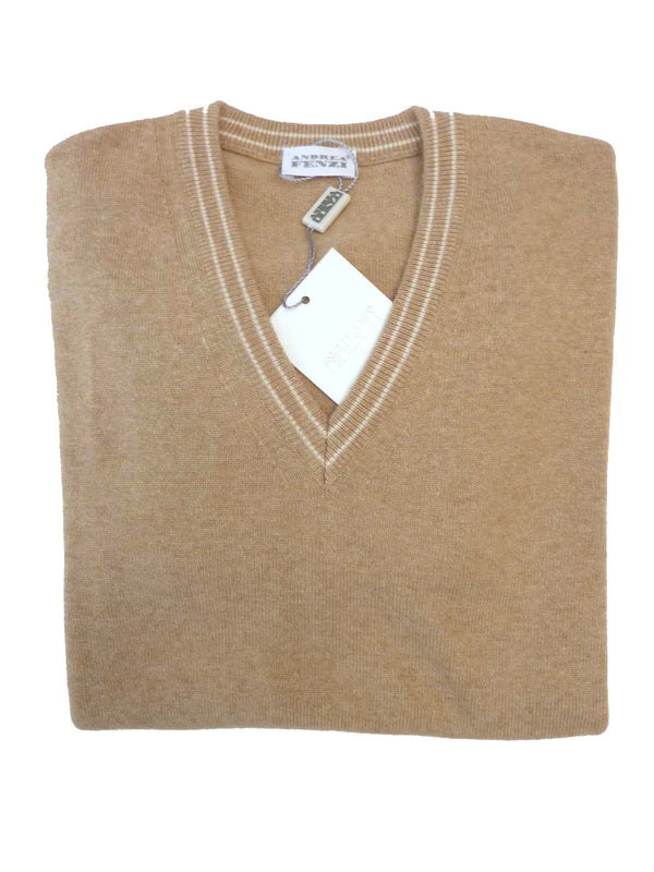 Andrea Fenzi Sweater Camel with ivory trim, V-neck with elbow detail, wool/cashmere blend