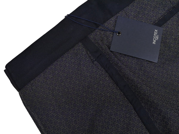 Incotex Trousers: 34, Navy/green weave with navy grosgrain trim, flat front, pure wool