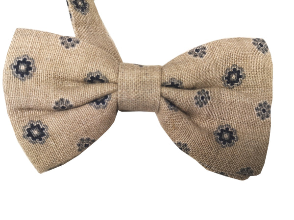 LBM 1911 Bow Tie, Beige navy/grey geometric pattern Linen/Cotton