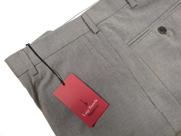 Luigi Bianchi  Trousers 35, Taupe Micro check Flat front Tailored fit Cotton/Elastane