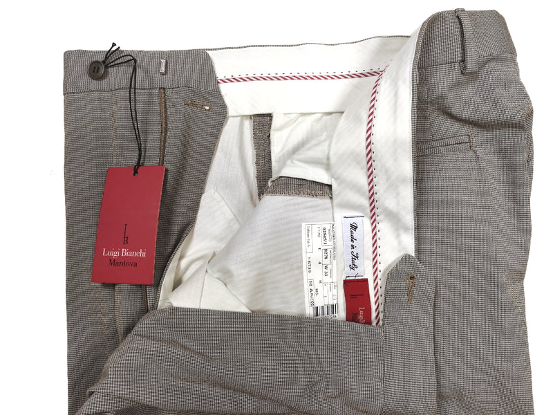 Luigi Bianchi  Trousers 35, Taupe Micro check Flat front Tailored fit Cotton/Elastane